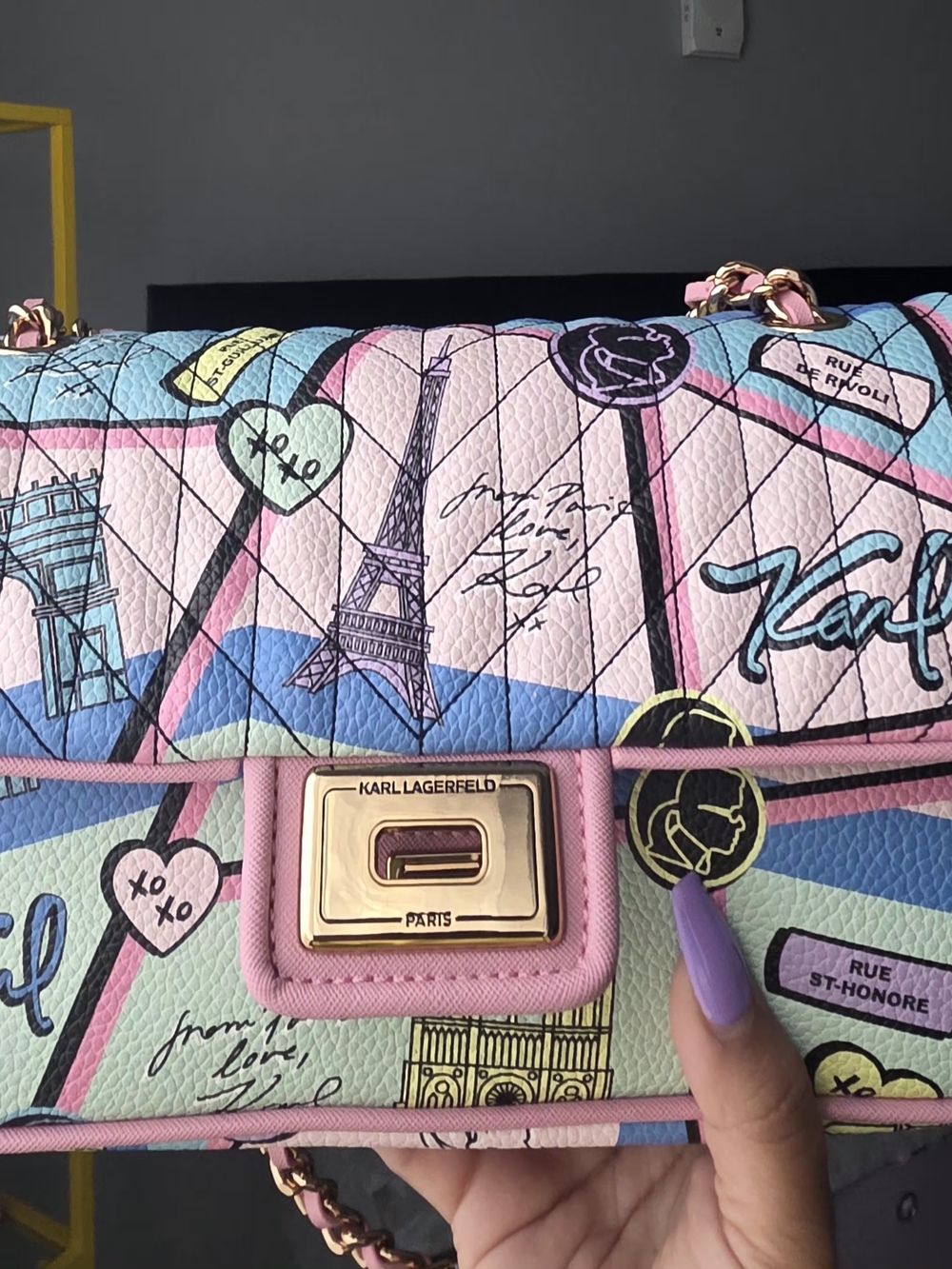 NWT Karl Lagerfeld Pastel Graffiti Quilted Shoulder Bag in Pink & Blue - Picture 2 of 5